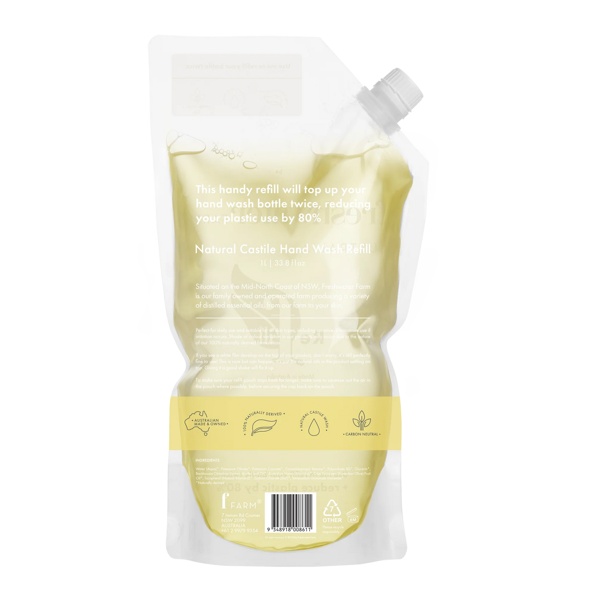 Natural Hand Wash | Soothing | Lemon Myrtle Oil + Manuka Honey Refill Pouch | Ingredients | 天然洗手液 | 舒緩 | 檸檬桃木精油 + 麥盧卡蜂蜜 | 成分
