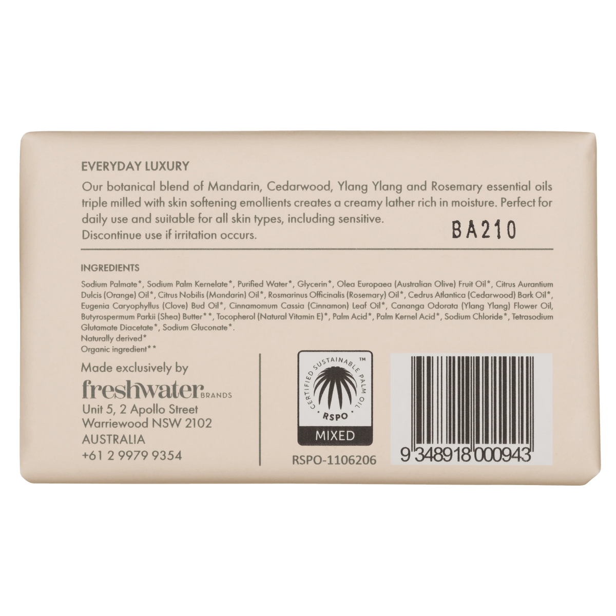 Natural Body Bar | Revitalising | Mandarin + Cedarwood Oil | Ingredients | 天然身體清潔皂 | 賦活 | 柑橘 + 雪松 精油 | 成分